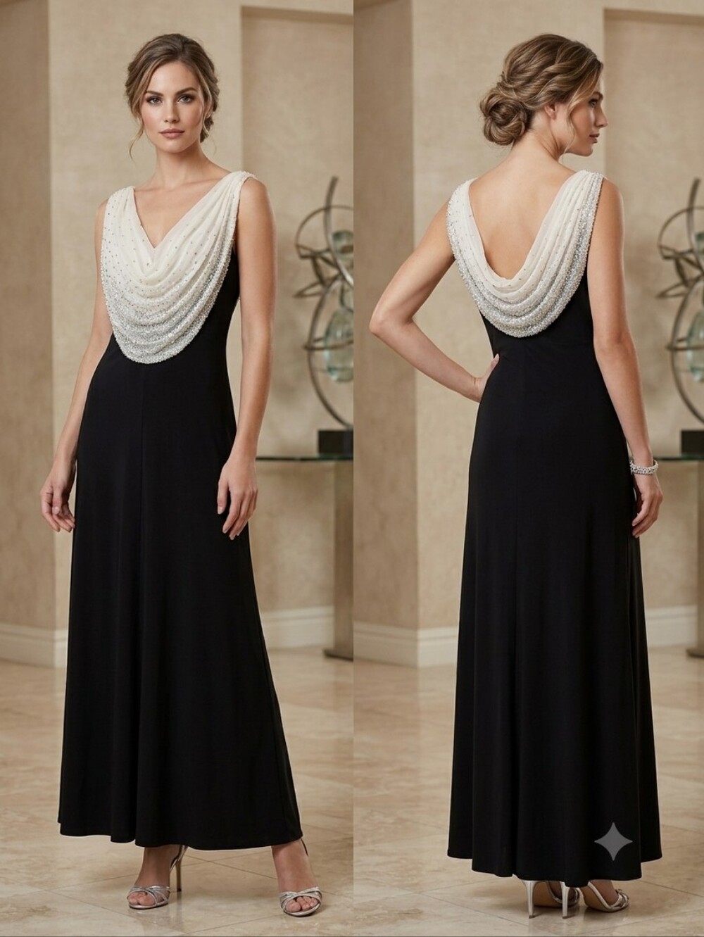 Cachet Black Maxi‎ Dress with Ivory Beaded Drape